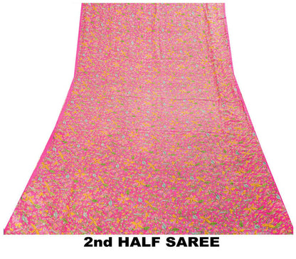 Sanskriti Vintage Craft Supply Floral Printed Pink Pure Silk Sarees 6+YD Sari