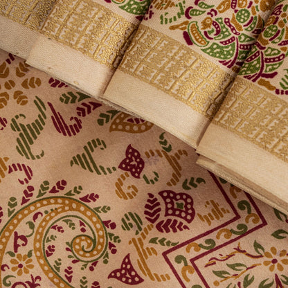 Sanskriti Vintage Saree Peach Soft 100%Pure Silk Paisley Print Sari 5.5+Yd Craft