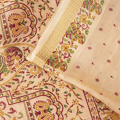 Sanskriti Vintage Saree Peach Soft 100%Pure Silk Paisley Print Sari 5.5+Yd Craft