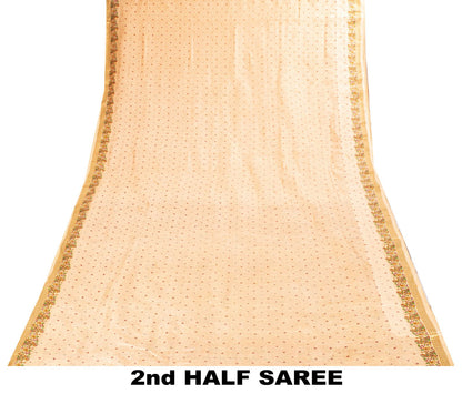 Sanskriti Vintage Saree Peach Soft 100%Pure Silk Paisley Print Sari 5.5+Yd Craft