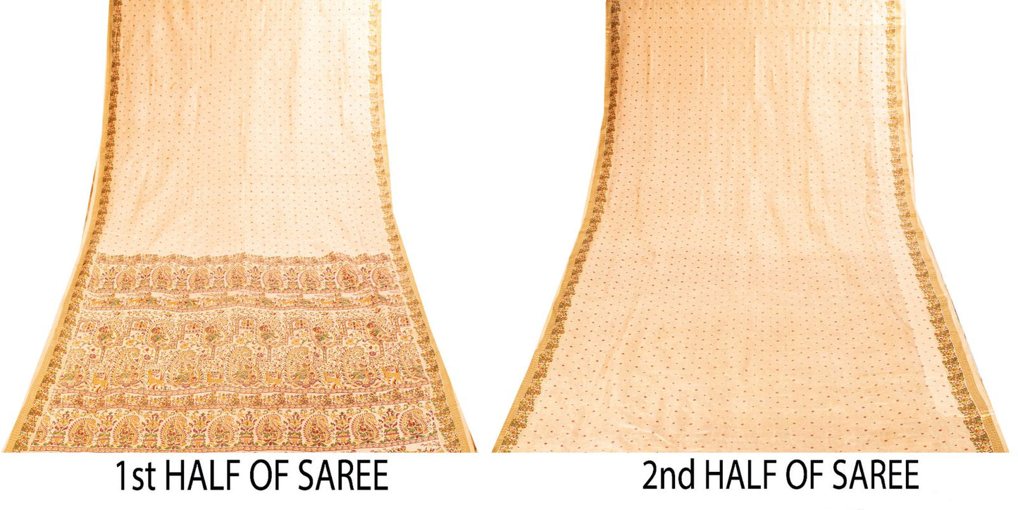 Sanskriti Vintage Saree Peach Soft 100%Pure Silk Paisley Print Sari 5.5+Yd Craft