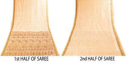 Sanskriti Vintage Saree Peach Soft 100%Pure Silk Paisley Print Sari 5.5+Yd Craft