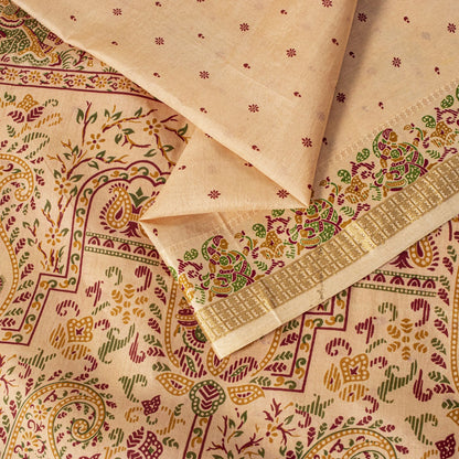 Sanskriti Vintage Saree Peach Soft 100%Pure Silk Paisley Print Sari 5.5+Yd Craft