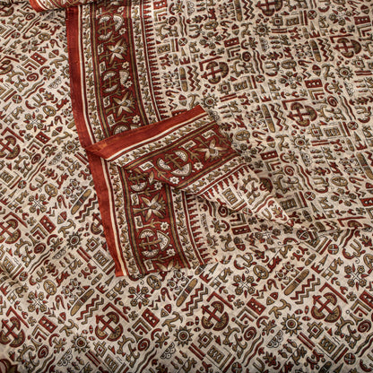 Sanskriti Vintage Saree Cream 100% Pure Silk Abstract Printed Sari 5.5+Yd Fabric