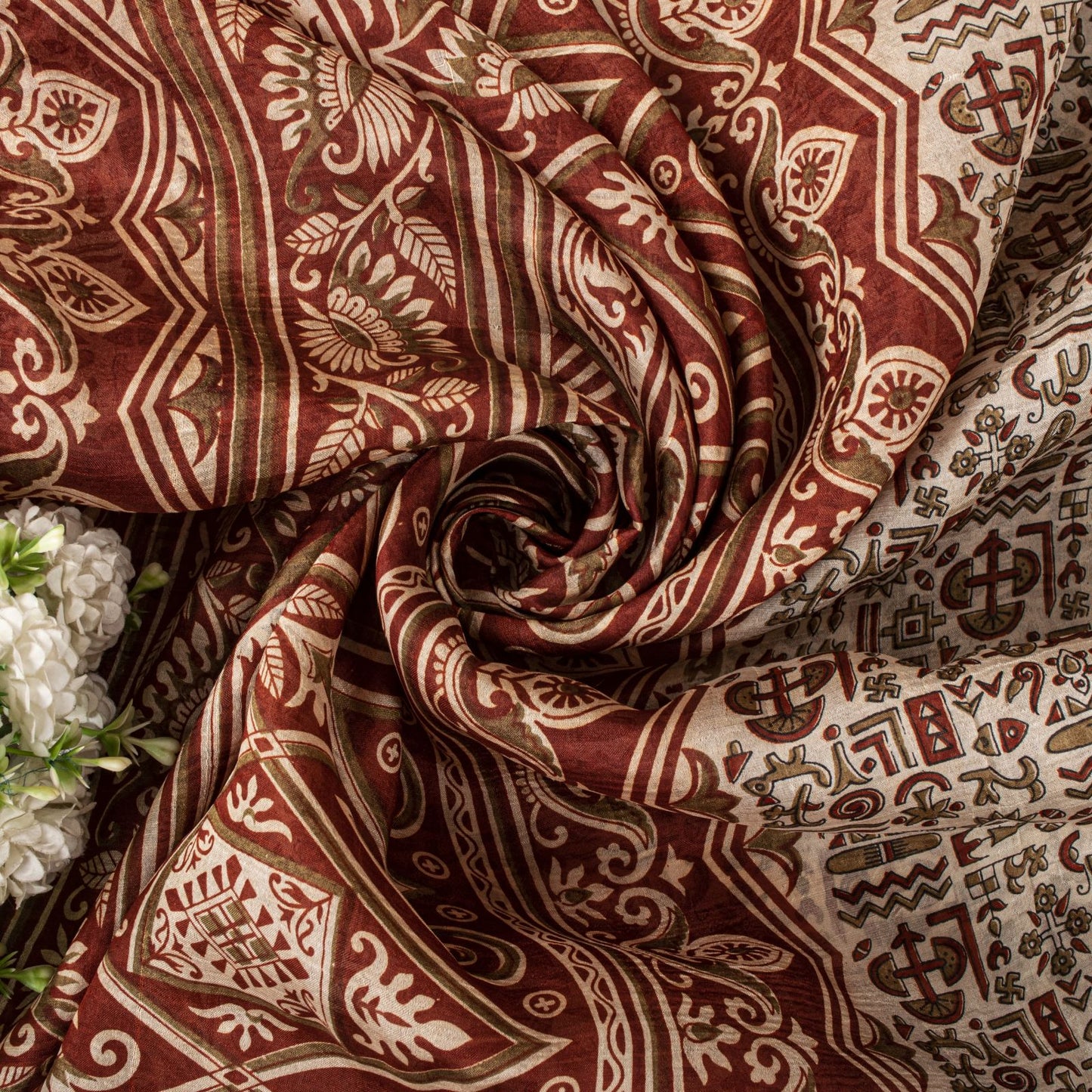 Sanskriti Vintage Saree Cream 100% Pure Silk Abstract Printed Sari 5.5+Yd Fabric
