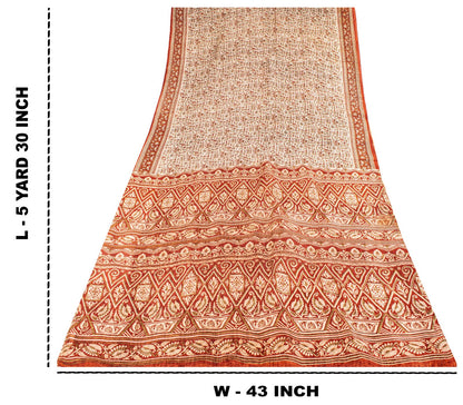 Sanskriti Vintage Saree Cream 100% Pure Silk Abstract Printed Sari 5.5+Yd Fabric