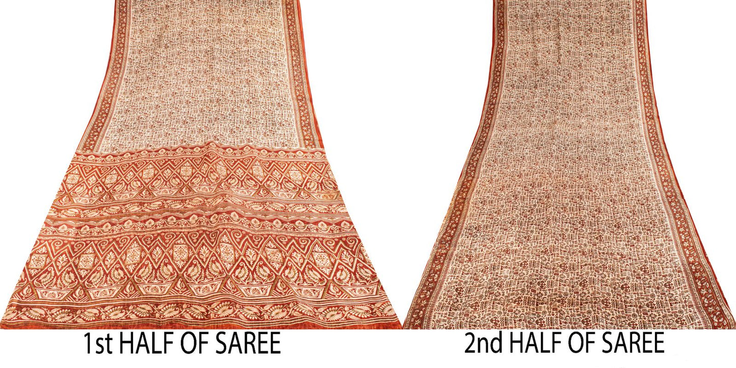 Sanskriti Vintage Saree Cream 100% Pure Silk Abstract Printed Sari 5.5+Yd Fabric