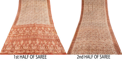 Sanskriti Vintage Saree Cream 100% Pure Silk Abstract Printed Sari 5.5+Yd Fabric
