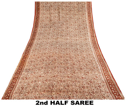 Sanskriti Vintage Saree Cream 100% Pure Silk Abstract Printed Sari 5.5+Yd Fabric