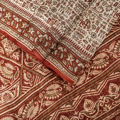 Sanskriti Vintage Saree Cream 100% Pure Silk Abstract Printed Sari 5.5+Yd Fabric
