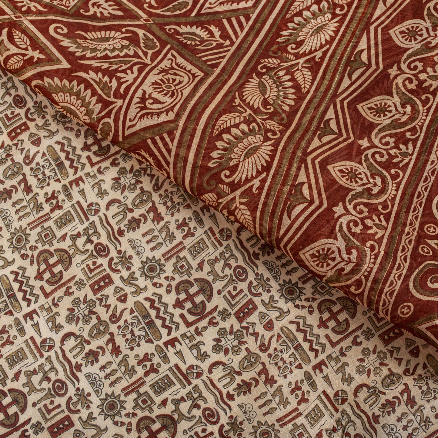Sanskriti Vintage Saree Cream 100% Pure Silk Abstract Printed Sari 5.5+Yd Fabric