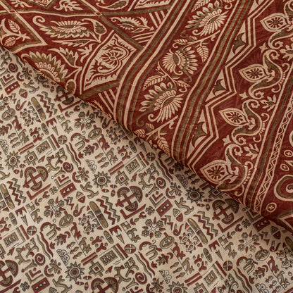 Sanskriti Vintage Saree Cream 100% Pure Silk Abstract Printed Sari 5.5+Yd Fabric