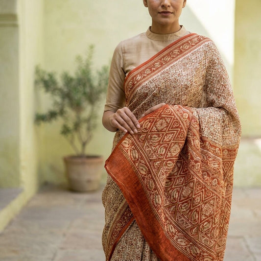 Sanskriti Vintage Saree Cream 100% Pure Silk Abstract Printed Sari 5.5+Yd Fabric