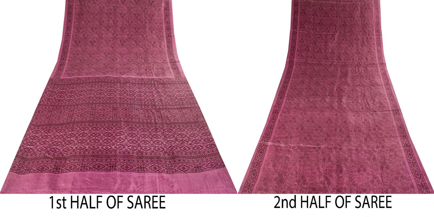 Sanskriti Vintage Saree Pink Soft 100% Pure Silk Floral Print Sari 5.5+Yd Fabric