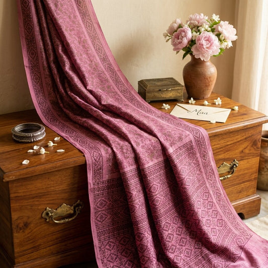 Sanskriti Vintage Saree Pink Soft 100% Pure Silk Floral Print Sari 5.5+Yd Fabric