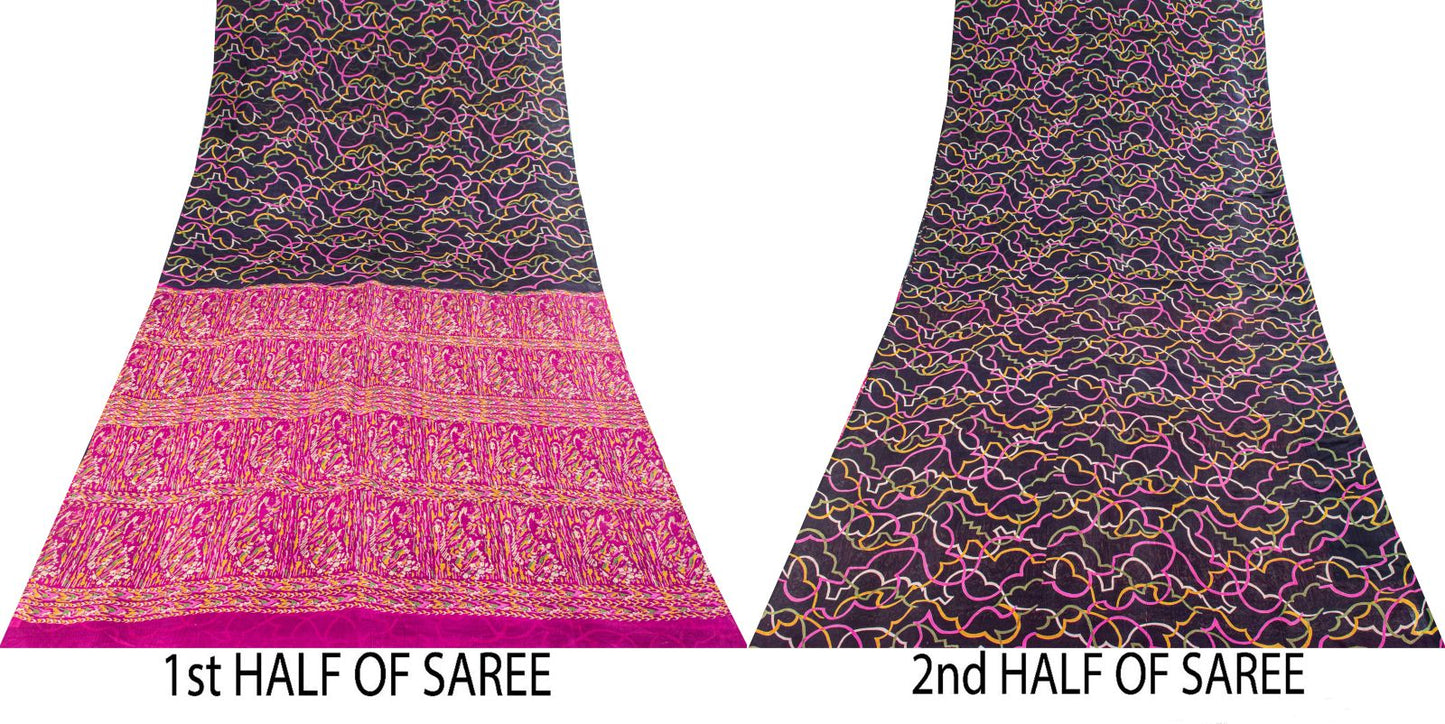 Sanskriti Vintage Blue Pure Silk Saree Abstract Geometric Printed Sari 5.5Yard