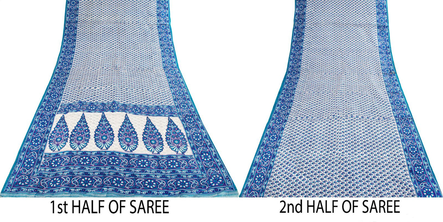 Sanskriti Vintage Blue Pure Silk Saree Floral Hand Block Print Sari 5Yard Fabric
