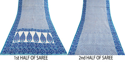 Sanskriti Vintage Blue Pure Silk Saree Floral Hand Block Print Sari 5Yard Fabric