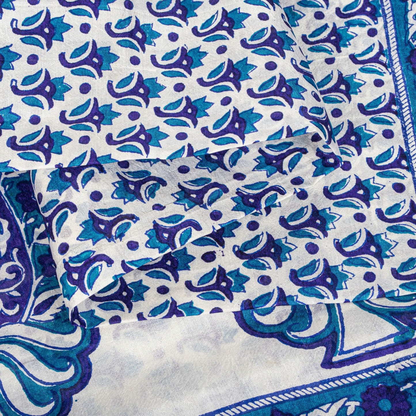 Sanskriti Vintage Blue Pure Silk Saree Floral Hand Block Print Sari 5Yard Fabric
