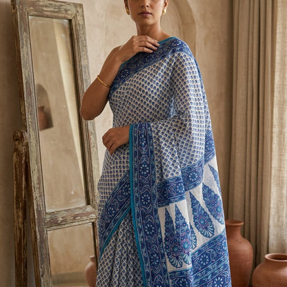 Sanskriti Vintage Blue Pure Silk Saree Floral Hand Block Print Sari 5Yard Fabric