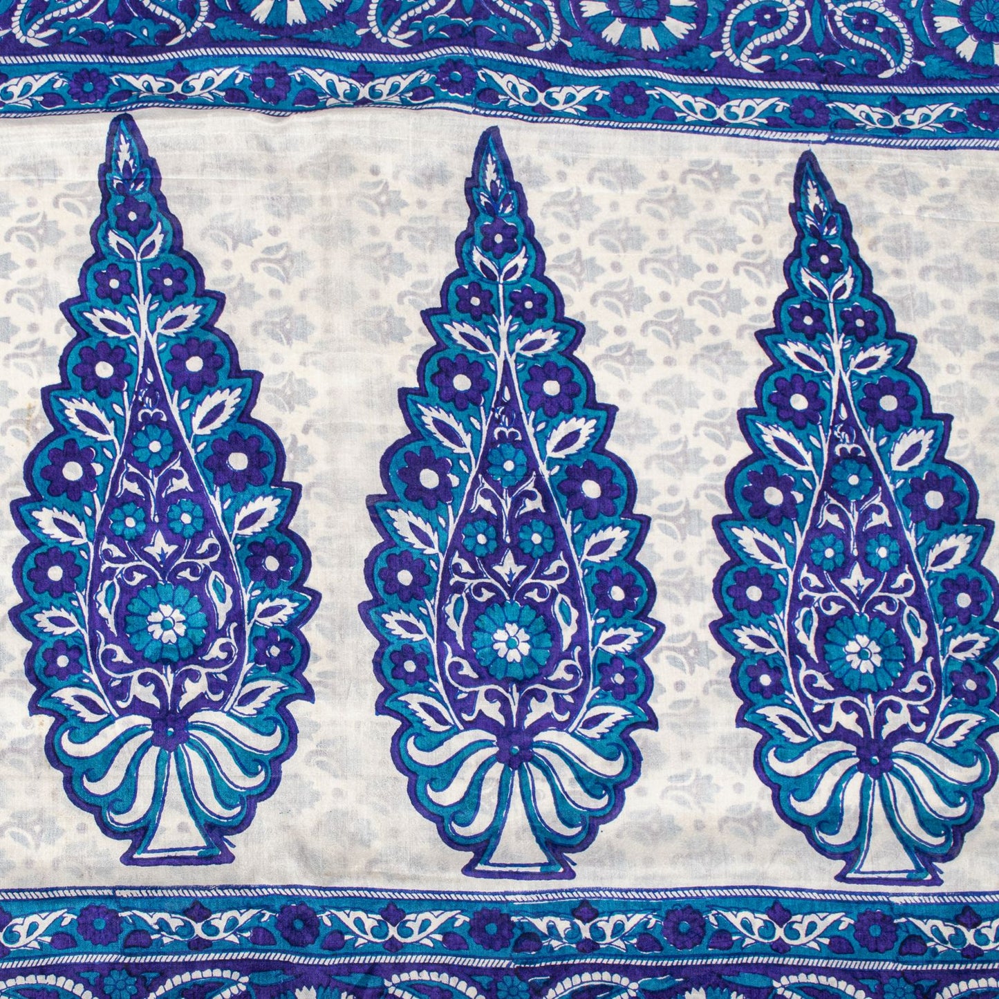 Sanskriti Vintage Blue Pure Silk Saree Floral Hand Block Print Sari 5Yard Fabric