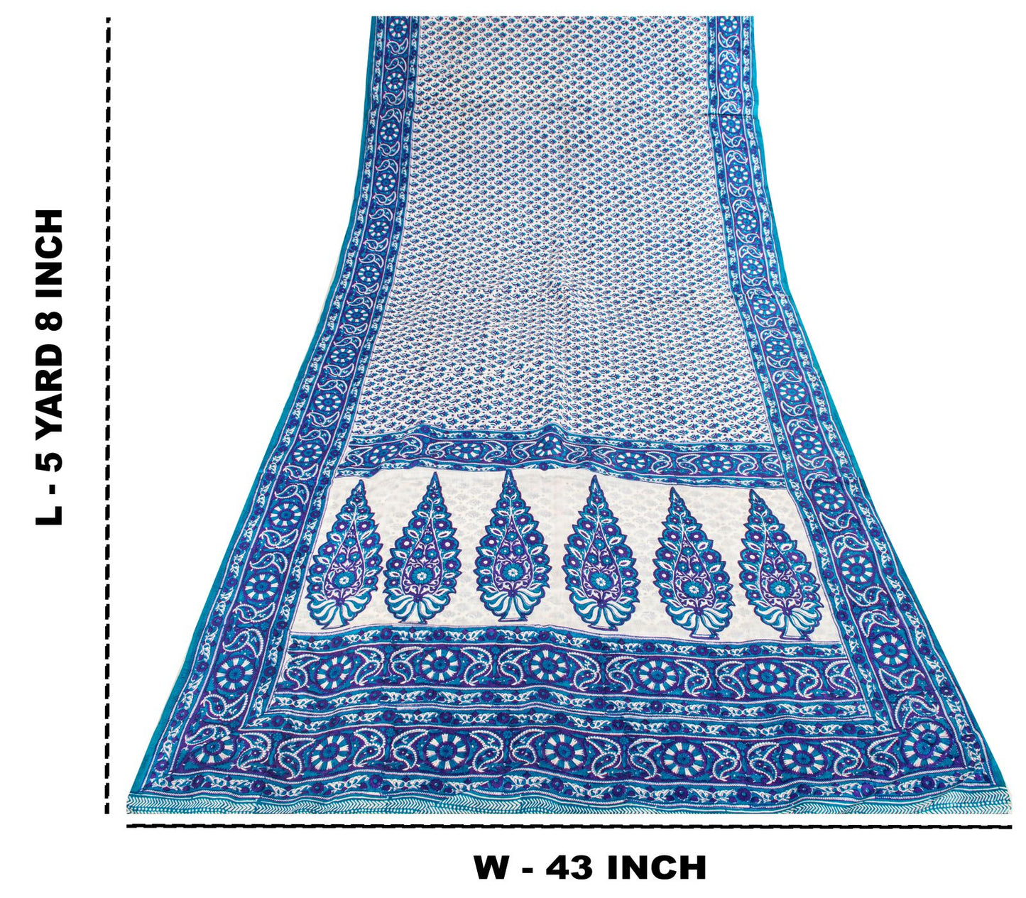 Sanskriti Vintage Blue Pure Silk Saree Floral Hand Block Print Sari 5Yard Fabric