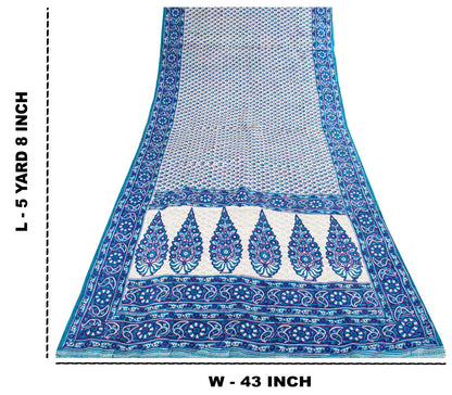 Sanskriti Vintage Blue Pure Silk Saree Floral Hand Block Print Sari 5Yard Fabric