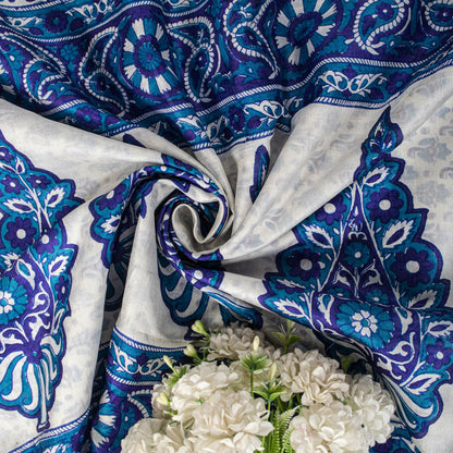 Sanskriti Vintage Blue Pure Silk Saree Floral Hand Block Print Sari 5Yard Fabric