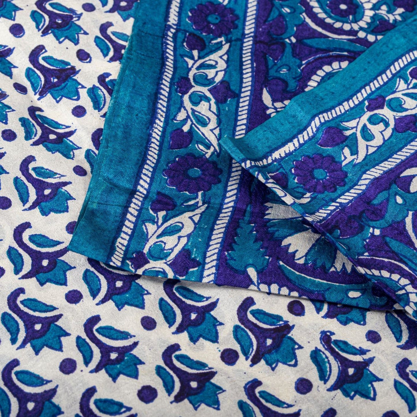 Sanskriti Vintage Blue Pure Silk Saree Floral Hand Block Print Sari 5Yard Fabric
