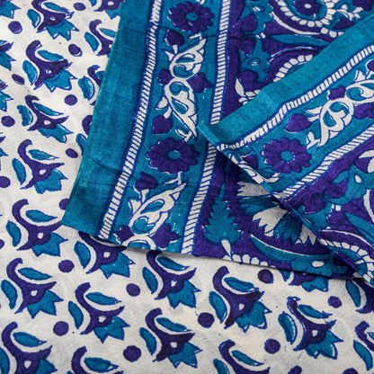 Sanskriti Vintage Blue Pure Silk Saree Floral Hand Block Print Sari 5Yard Fabric