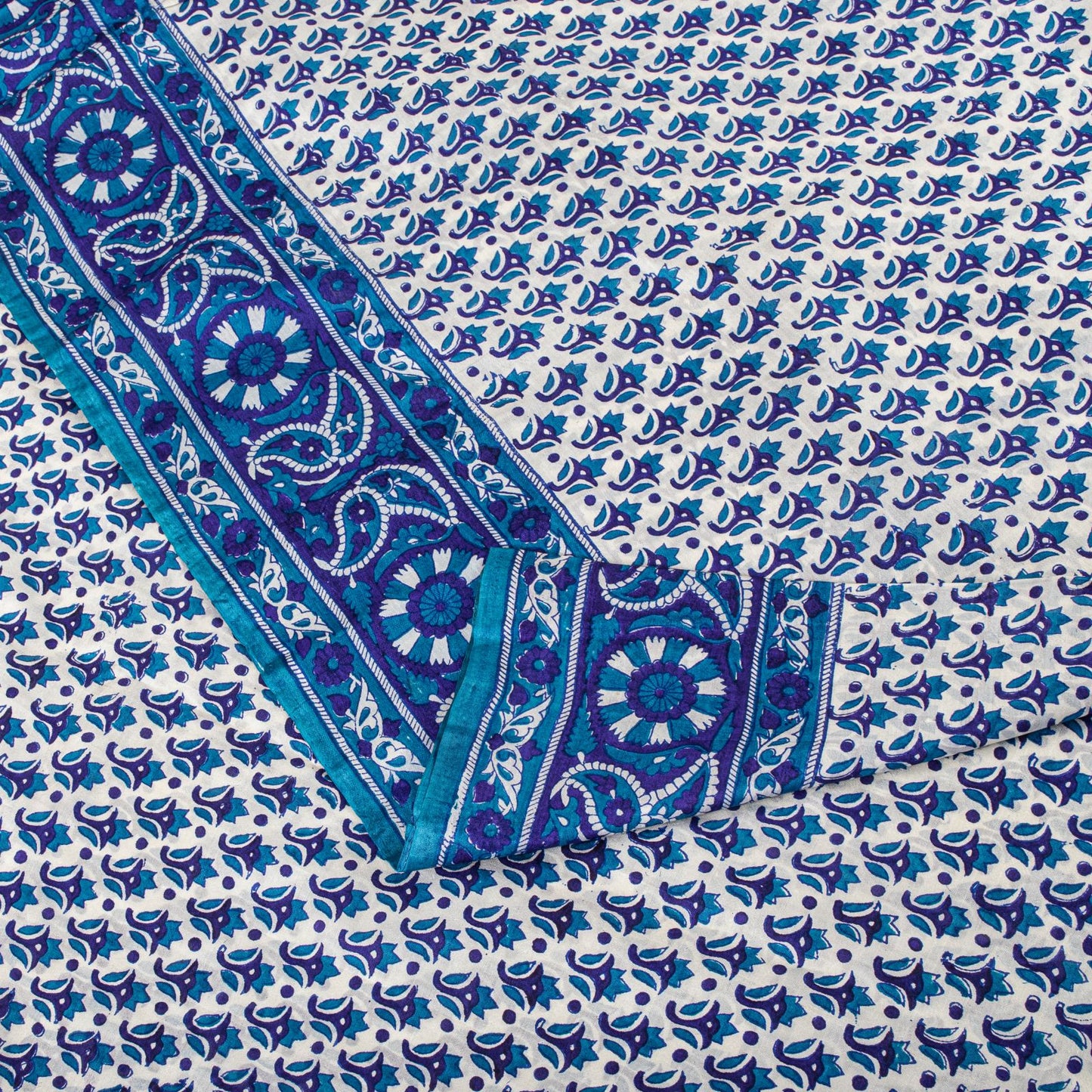 Sanskriti Vintage Blue Pure Silk Saree Floral Hand Block Print Sari 5Yard Fabric
