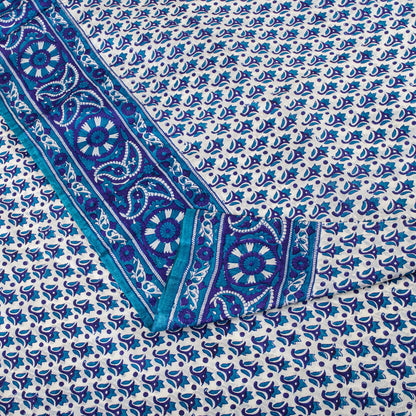 Sanskriti Vintage Blue Pure Silk Saree Floral Hand Block Print Sari 5Yard Fabric