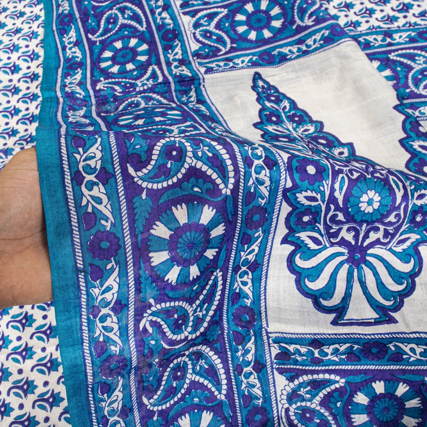 Sanskriti Vintage Blue Pure Silk Saree Floral Hand Block Print Sari 5Yard Fabric