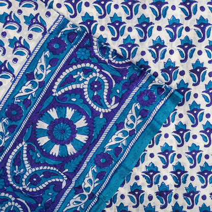 Sanskriti Vintage Blue Pure Silk Saree Floral Hand Block Print Sari 5Yard Fabric