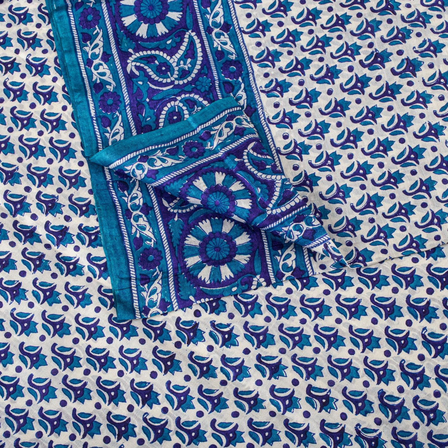 Sanskriti Vintage Blue Pure Silk Saree Floral Hand Block Print Sari 5Yard Fabric