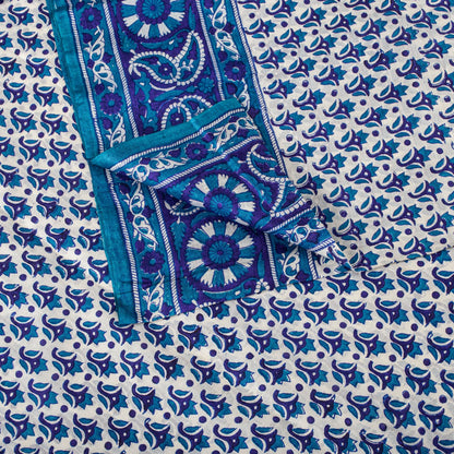 Sanskriti Vintage Blue Pure Silk Saree Floral Hand Block Print Sari 5Yard Fabric