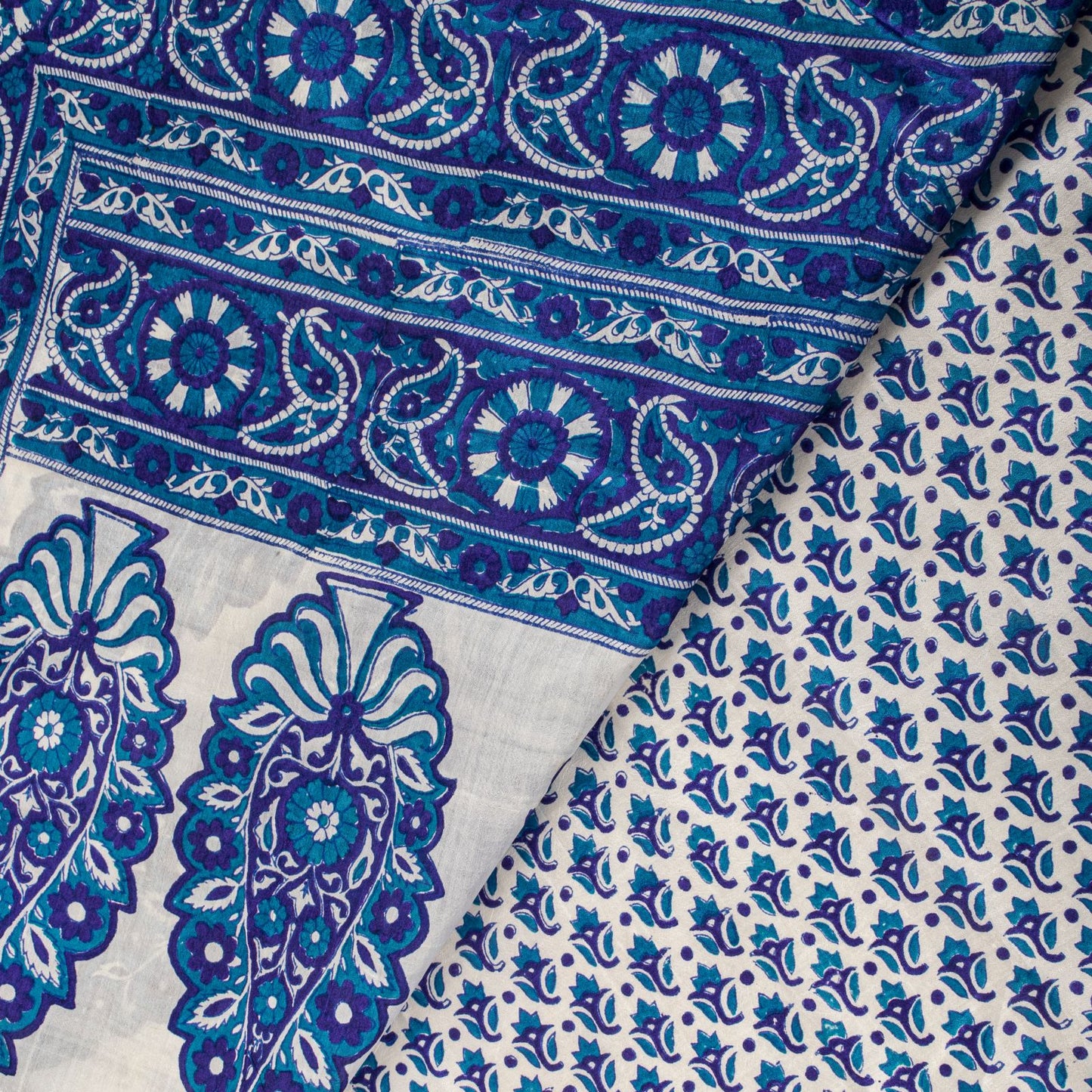 Sanskriti Vintage Blue Pure Silk Saree Floral Hand Block Print Sari 5Yard Fabric