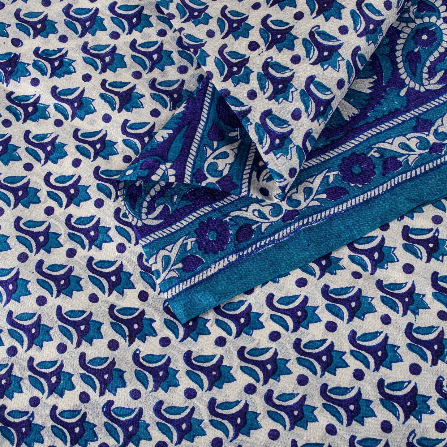 Sanskriti Vintage Blue Pure Silk Saree Floral Hand Block Print Sari 5Yard Fabric