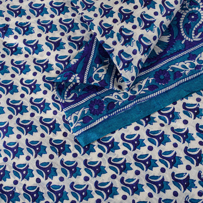 Sanskriti Vintage Blue Pure Silk Saree Floral Hand Block Print Sari 5Yard Fabric