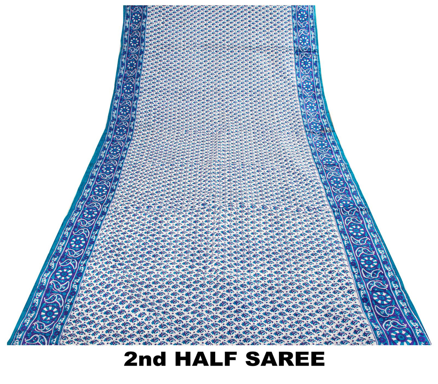 Sanskriti Vintage Blue Pure Silk Saree Floral Hand Block Print Sari 5Yard Fabric