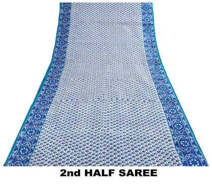 Sanskriti Vintage Blue Pure Silk Saree Floral Hand Block Print Sari 5Yard Fabric