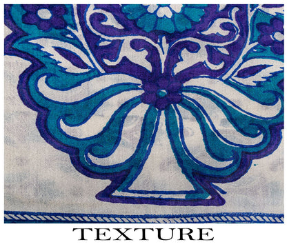 Sanskriti Vintage Blue Pure Silk Saree Floral Hand Block Print Sari 5Yard Fabric