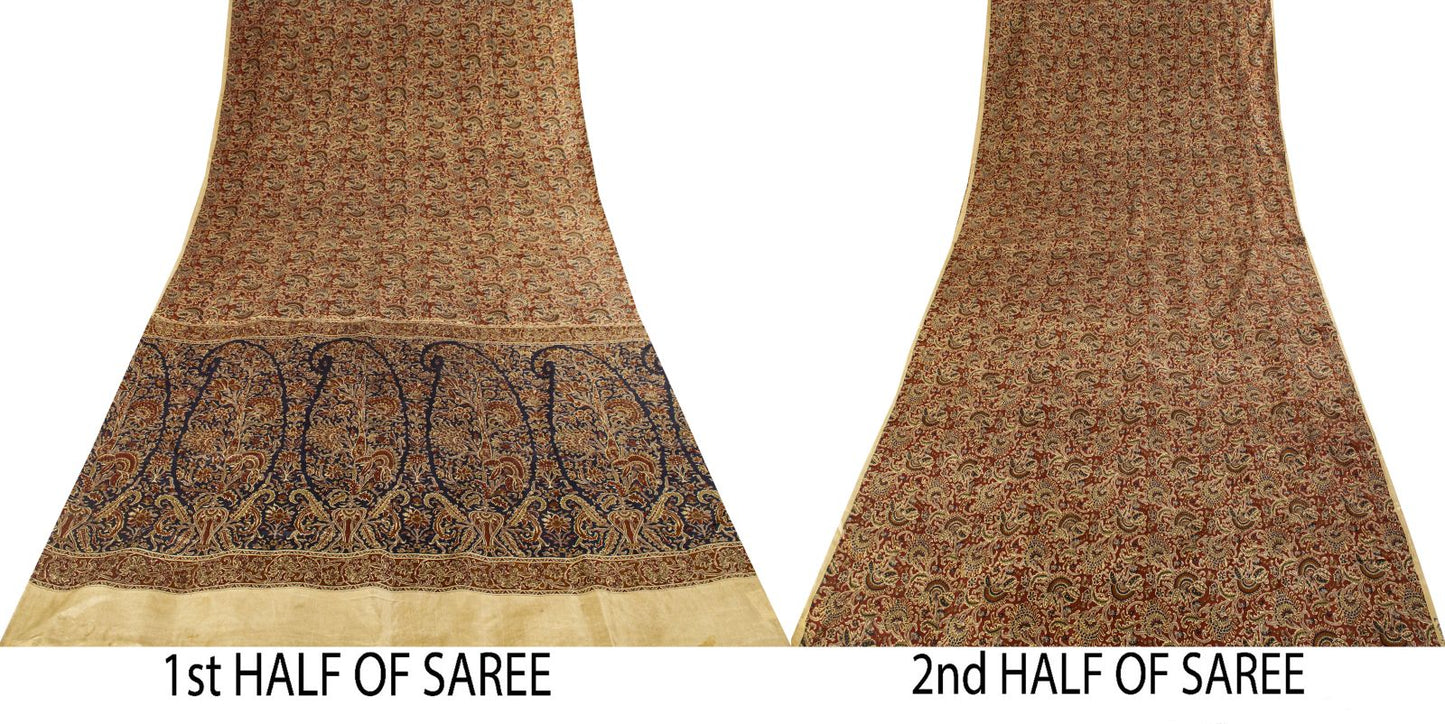 Sanskriti Vintage Saree Brown Soft Pure Silk Paisley Printed Sari 6+Yd Fabric