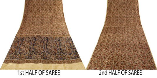 Sanskriti Vintage Saree Brown Soft Pure Silk Paisley Printed Sari 6+Yd Fabric
