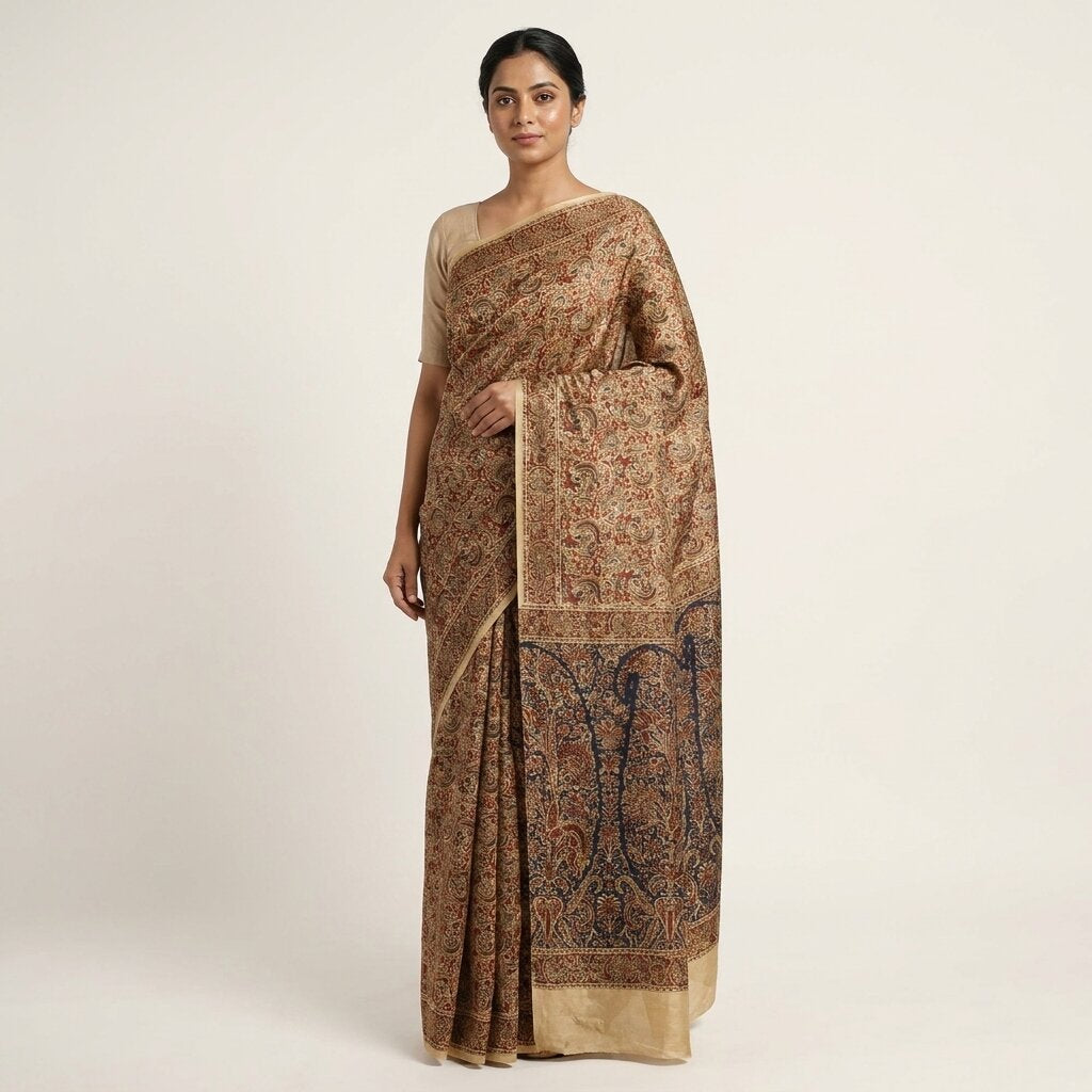 Sanskriti Vintage Saree Brown Soft Pure Silk Paisley Printed Sari 6+Yd Fabric