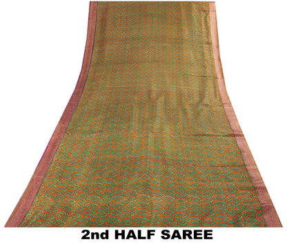 Sanskriti Vintage Orange Pure Silk Saree Paisley Print Sari Woven Border 5.5Yard