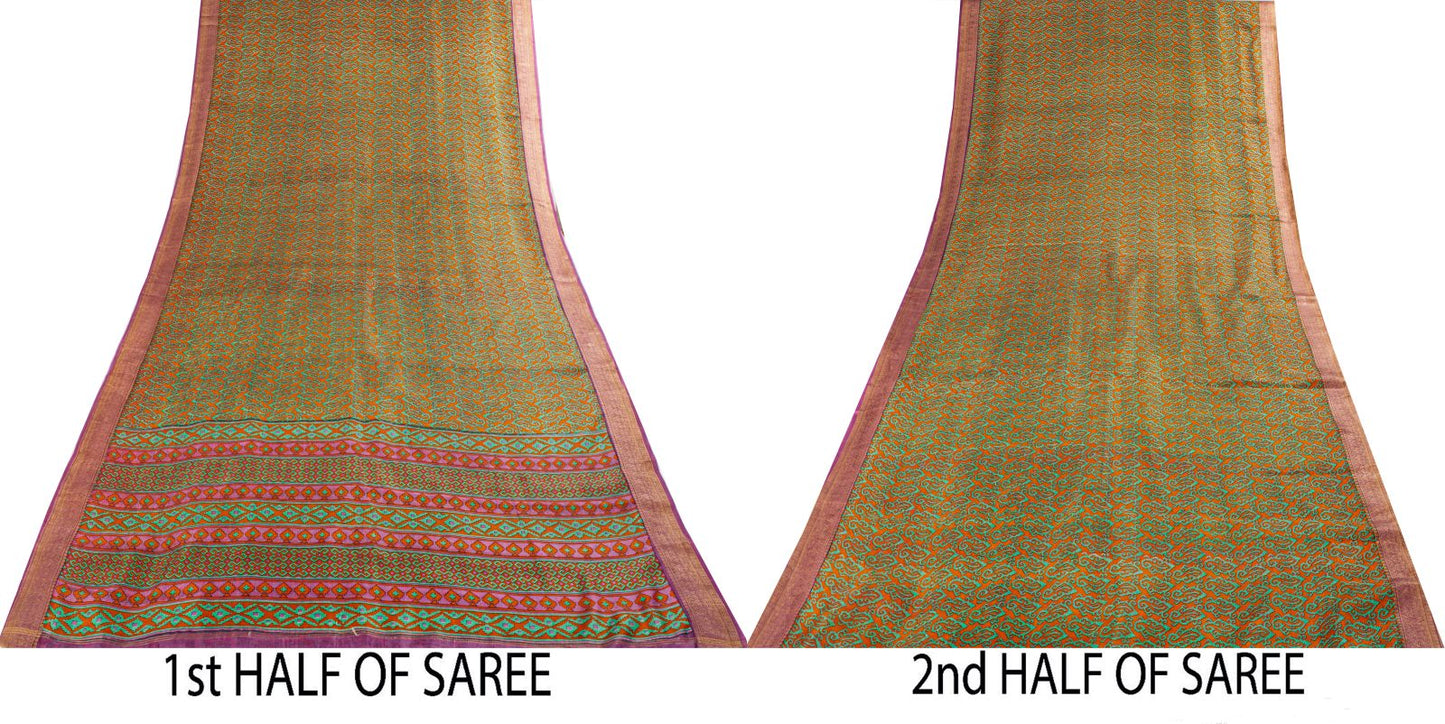 Sanskriti Vintage Orange Pure Silk Saree Paisley Print Sari Woven Border 5.5Yard