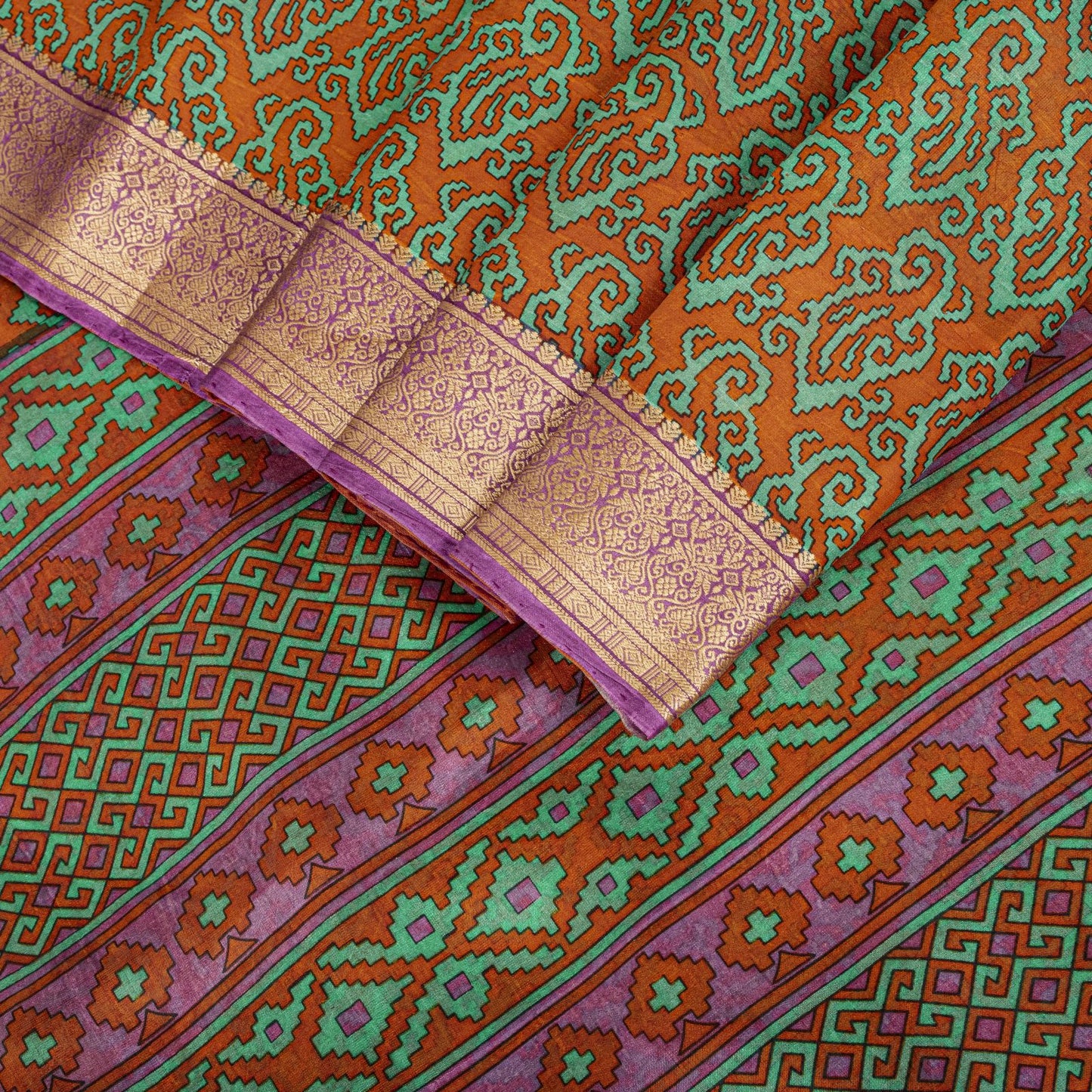 Sanskriti Vintage Orange Pure Silk Saree Paisley Print Sari Woven Border 5.5Yard