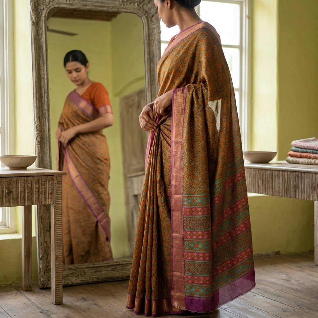 Sanskriti Vintage Orange Pure Silk Saree Paisley Print Sari Woven Border 5.5Yard