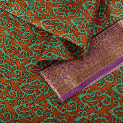 Sanskriti Vintage Orange Pure Silk Saree Paisley Print Sari Woven Border 5.5Yard